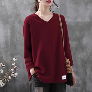 V-Neck Long Sleeve T-Shirt Loose Fit Knitted Women's Autumn Solid Color Yellow T-Shirt - Product Image 2