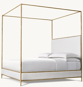 Lit à baldaquin en bois avec panneau en tissu et laiton forgé à la main, mobilier de chambre à coucher moderne de luxe, lit king-size - Product Image 2