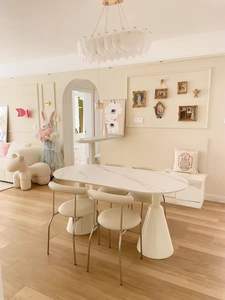 Mesa de comedor blanca crema estilo INS moderna de mediados de siglo, muebles de madera nórdica más fuertes con parte superior de pizarra de doble pata para hoteles - Product Image 4