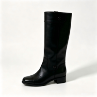 Bottes hautes noires pour femmes en cuir véritable verni, bout rond, talon carré bas, décorations boutons métalliques, style urbain, sur mesure OEM