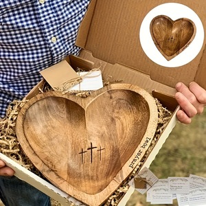 Heart Shaped <b>Wooden</b> Prayer Bowl With Cross Engraving Wedding Gift Boxed Set - Product Image 1