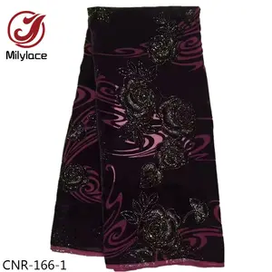 Floral Pattern African Brocade Black Imitated Silk Velvet Lace Fabric for Warm Dresses