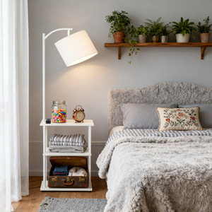 White Floor <b>Lamp</b> With 3-Tier <b>Shelf</b> Adjustable Height LED Light Scandinavian Style Bedroom Living Room Decor - Product Image 1