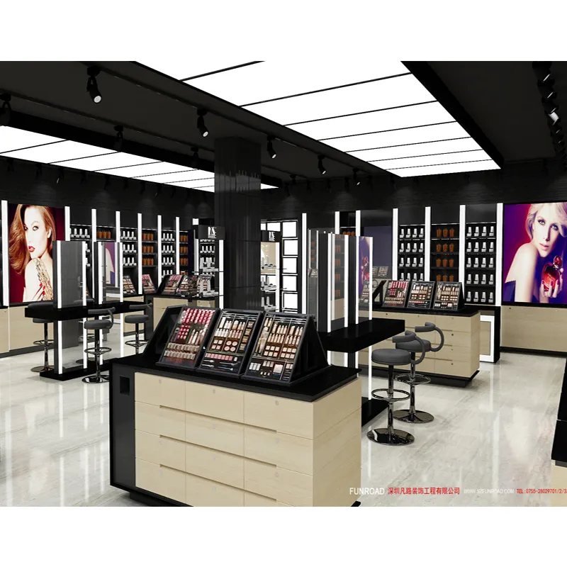 Kabinet Tampilan Interior Toko Kosmetik, Dekorasi Berdiri Kabinet Tampilan Makeup Mac Pencahayaan Furnitur Kelas Atas
