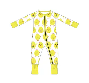 The Yellow Chick Print Bamboo Cotton Double Zipper Children Jumpsuit Long Sleeve Unisex Rompers