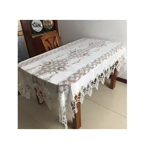 Toalha de mesa de renda retângulo elegante, toalhas de mesa bordados, flores e cortador, borda branca, redonda