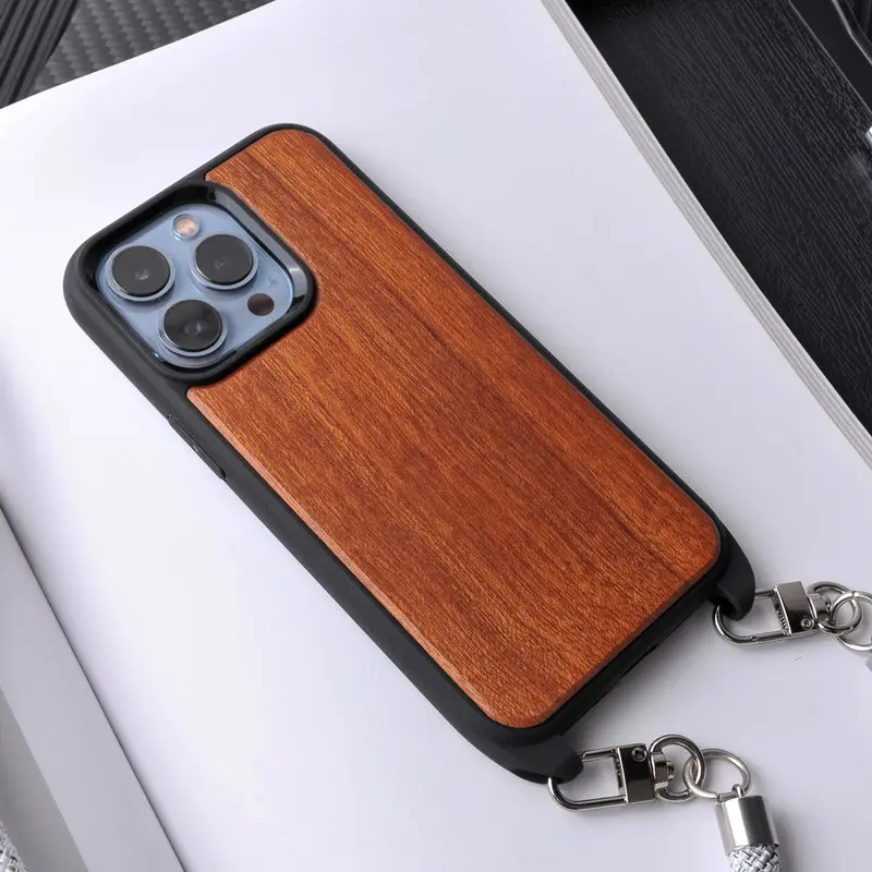 लक्जरी प्राकृतिक लकड़ी Shockproof मोबाइल फोन खोल के लिए एक-कंधे तिरछा अवधि डोरी फोन के मामले में Iphone 14/13 प्रो मैक्स