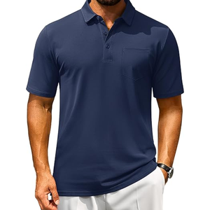 Chemise pour homme en polyester/coton tissé, manches courtes, boutonnage uni, poche poitrine, respirante, pour le golf et les occasions décontractées - Product Image 1