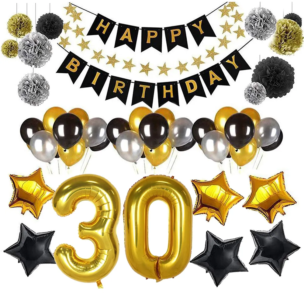 30 años de fiesta Feliz cumpleaños banner 30 estrella de papel de aluminio globo de látex de pompones garland para 30th decoraciones de fiesta de cumpleaños