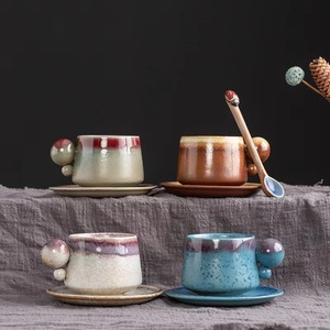 Tasse et assiette en argile faite à la main multi couleurs turques ensemble de tasses à café en porcelaine - Product Image 1