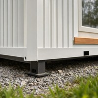 Maison conteneur portable en structure acier avec espace de vie sur deux niveaux, terrasse sur le toit et escalier