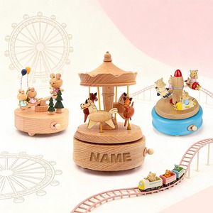 Caja de Música de Madera Hecha a Mano con Diseño de Carrusel, Madera de Haya, Temática de Parque de Atracciones, Decoración para el Hogar, Regalo de Cumpleaños para Niños, Venta al por Mayor - Product Image 1