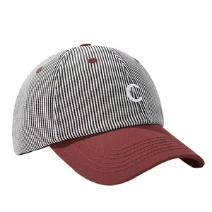 Casquette de baseball sportive vintage en sergé à blocs de couleur rayés, broderie rétro, rouge bordeaux, visière incurvée, style Dad Hat, unisexe, polyvalente, chapeau de soleil - Product Image 1