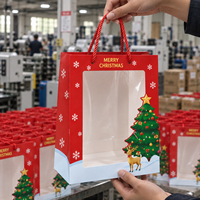 Sacs en papier de Noël avec fenêtre en PVC, sacs cadeaux en carton blanc avec poignées, sacs en papier personnalisés avec votre propre logo pour l'emballage