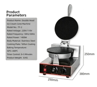 Machine à gaufres électriques commerciale avec contrôle automatique de la température et minuteur, prise EU/UK/US personnalisée pour cornets de crème glacée, crêpes et pancakes