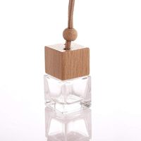 Diffuseur d'huiles essentielles en verre transparent vide de 8 ml, ornement de voiture carré, flacon de parfum d'aromathérapie, pendentif en bois