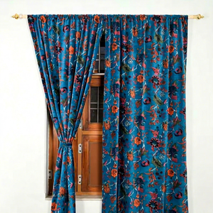 Rideaux Boho de luxe en velours de coton bleu sarcelle vintage, rideaux de luxe, cadeau de pendaison de crémaillère, personnalisable en vente en gros - Product Image 1