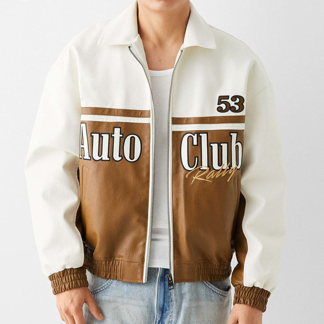 Custom Stylish Racing Jacket Chenille Patches Embroidery Genuine Leather Sleeves Letterman Varsity Jacket for Men