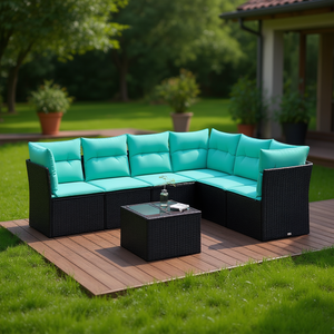 Ensemble de canapés de patio en polyrotin noir, 7 pièces, avec coussins, meubles de jardin d'extérieur, design contemporain - Product Image 2