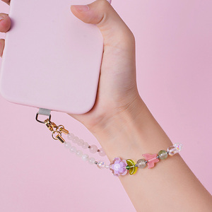 Cordon de téléphone esthétique en perles de quartz rose, breloque papillon et fleur, sangle de poignet anti-perte, personnalisable - Product Image 5