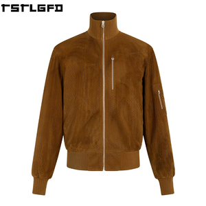 Cut And Sew <b>Suede</b> Varsity <b>Jacket</b> <b>Men</b> Brown Perforated Letterman Ribbed Collar Windbreaker Streetwear Manufacturers Bulk - Product Image 3