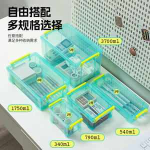 Transparent <b>Storage</b> <b>Box</b> Plastic Organizer With Lid Rectangle Office Desk Stationery <b>Document</b> Dormitory Sorting <b>Box</b> 340ml 540ml - Product Image 1