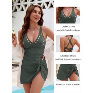 Traje de Baño de Una Pieza para Mujer, Cuello en V, Control de Abdomen, Cobertura Completa, Vestido de Baño con Cierre de Lazo, UPF50+, Spandex, Poliéster - Product Image 5
