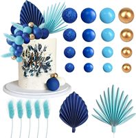 38-teiliges Blau-Gold Kuchendeko-Set Palmblatt-Fächer Hasenschwanz-Gras Happy Birthday Topper Jubiläums-Party-Zubehör Kuchendekoration