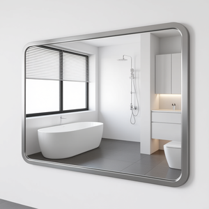 Miroir de salle de bain 40x30 pouces, cadre en métal argenté brossé, coins arrondis, rectangulaire, à fixation murale, design minimaliste - Product Image 2