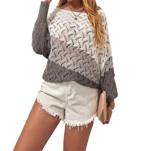 Suéter de Manga Larga con Bloques de Color y Diseño Calado Transpirable, Suéter Versátil con Cuello Redondo, Top Delgado y Moderno para Mujer para Primavera y Otoño - Product Image 2