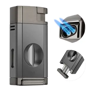 New Design Windproof Zinc Alloy Refillable Jet Flame Torch Cigar Lighter With V Cutter