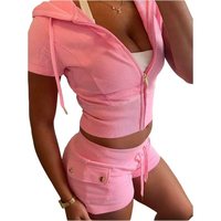 Ensemble de vêtements pour femmes KY, sweat à capuche court rose à fermeture éclair et mini-short, fermeture éclair dorée, style Y2K, tenue d'été en deux pièces pour les vacances