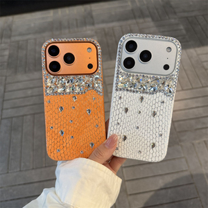 Étui de téléphone en cuir <span class=keywords><strong>orange</strong></span> avec paillettes et diamants pour iPhone Air 17 16 Plus 12 13 14 15 Pro Max, coque de protection de luxe avec strass - Product Image 1