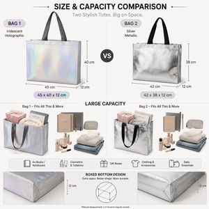 Sac fourre-tout holographique métallisé de taille moyenne, réutilisable, avec poignées en sangle PP pour les courses - Product Image 4