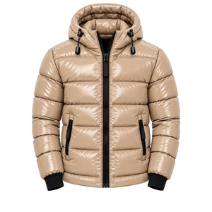 Mens Beige Hooded Puffer Jacket Windproof Winter <b>Coat</b> Casual <b>Slim</b> Fit Zipper Closure Polyester custom logo puffer jacket - Product Image 1