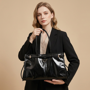 <b>Black</b> <b>Patent</b> Leather Tote <b>Handbag</b> Women Shoulder Bag Zipper Closure Foldable Durable Geometric Purse for Daily Use - Product Image 6