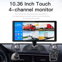 Monitor IPS de 10.36 Pulgadas con Pantalla Cuádruple, Cámara con Visión de 360 Grados, Grabación en Bucle con Tarjeta SD y USB para Auto/Camión/Autobús (1080p HD)