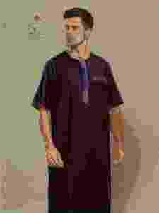 Al Furqan <b>Men's</b> Black Cotton <b>Thobe</b> Round Neck Short Sleeve Floor Length Modest Prayer Wear Middle East Style - Product Image 3