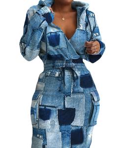 Rétro imprimé Patchwork robe pull femmes col en V profond moulante robe de soirée personnalisé cordon bureau dame tenue décontractée - Product Image 1