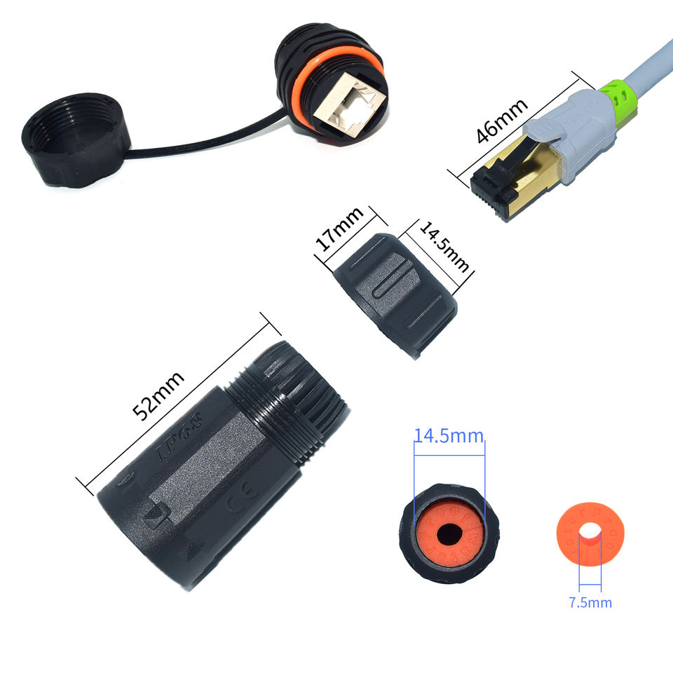 IP68 Waterproof RJ45 CAT6A Connector 10Gbps Industrial Ethernet Adapter dimension drawing