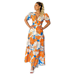 Y10357 Vestidos de Verano Modernos para Mujer, Casuales, Elegantes, con Cuello en V, Manga Abullonada, Estampado Bohemio, para Oficina - Product Image 1