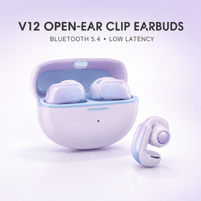 V12 Open-Ear Clip Earbuds Wireless 5.4 Low Latency No Sound Leakage Long Battery Comfortable Wear ENC Noise Cancellation IPX3