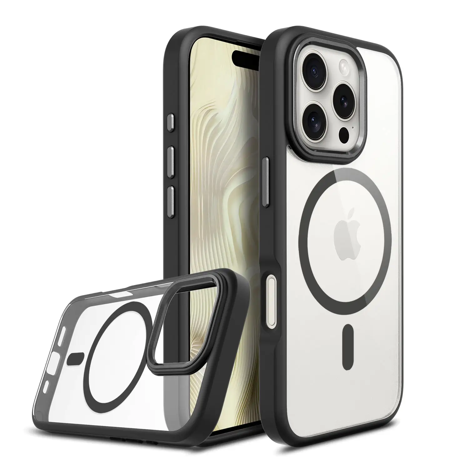 Casing pelindung ponsel kustom Premium 2024 BSCI, casing magnetik iPhone 16 pro PC logam tahan guncangan bahan TPU transparan bening