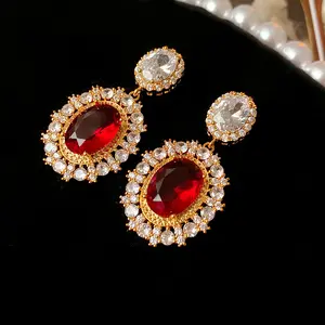 Fashion Designer Jewelry Cubic Zircon 18K Gold Plating Drop Earring Luxury Oval Cut Red Stone Pendant Earrings for Ladies Women