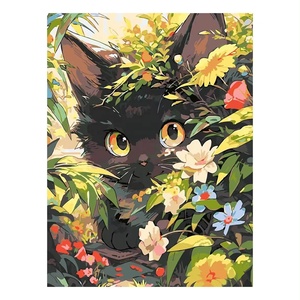Kit de peinture par numéros Série Animaux Chat Noir Fleuri Sans Cadre Peinture Décorative Faite à la Main pour la Maison Décorations DIY - Product Image 1