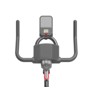 Bicicleta de spinning con cuadro de acero, capacidad de 150 kg, transmisión por correa, resistencia a la fricción y asiento ajustable.