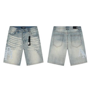 Premium Original Edition AMRY 1.1 Summer Denim <strong>Shorts</strong> Vintage Washed Letter Embroidery Patch Ripped <strong>Jean</strong> Trousers <strong>High</strong> Street - Product Image 2