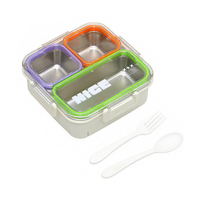 Boîte à lunch carrée mignonne pour enfants, à double paroi, étanche, à 3 compartiments, en acier inoxydable, avec couvercle en plastique sans BPA et couverts
