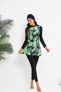 Traje de Baño Musulmán Estampado STOCK, Traje de Baño Islámico de 3 Piezas para Mujer, Top de Manga Larga con <span class=keywords><strong>Gorro</strong></span> y Leggings, Traje de Baño Modesto, Tallas S-XL - Product Image 2