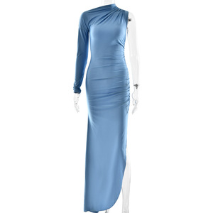 Vestido de noche de manga larga con abertura y un solo hombro para mujer, elegante, ajustado, de color liso, con diseño de abertura, largo completo. - Product Image 5